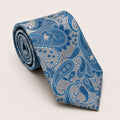 A rolled George Neale silver and light blue paisley silk tie.