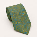 A rolled George Neale olive green and light blue paisley silk tie.