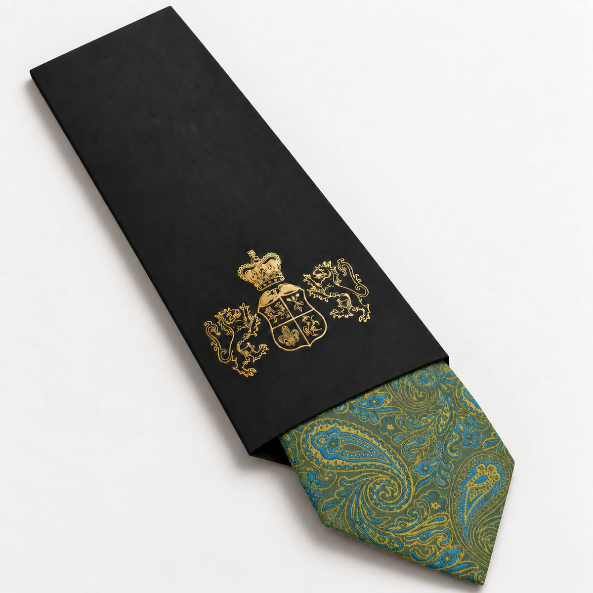 Olive Green and Light Blue Paisley Silk Tie in George Neale premium packaging