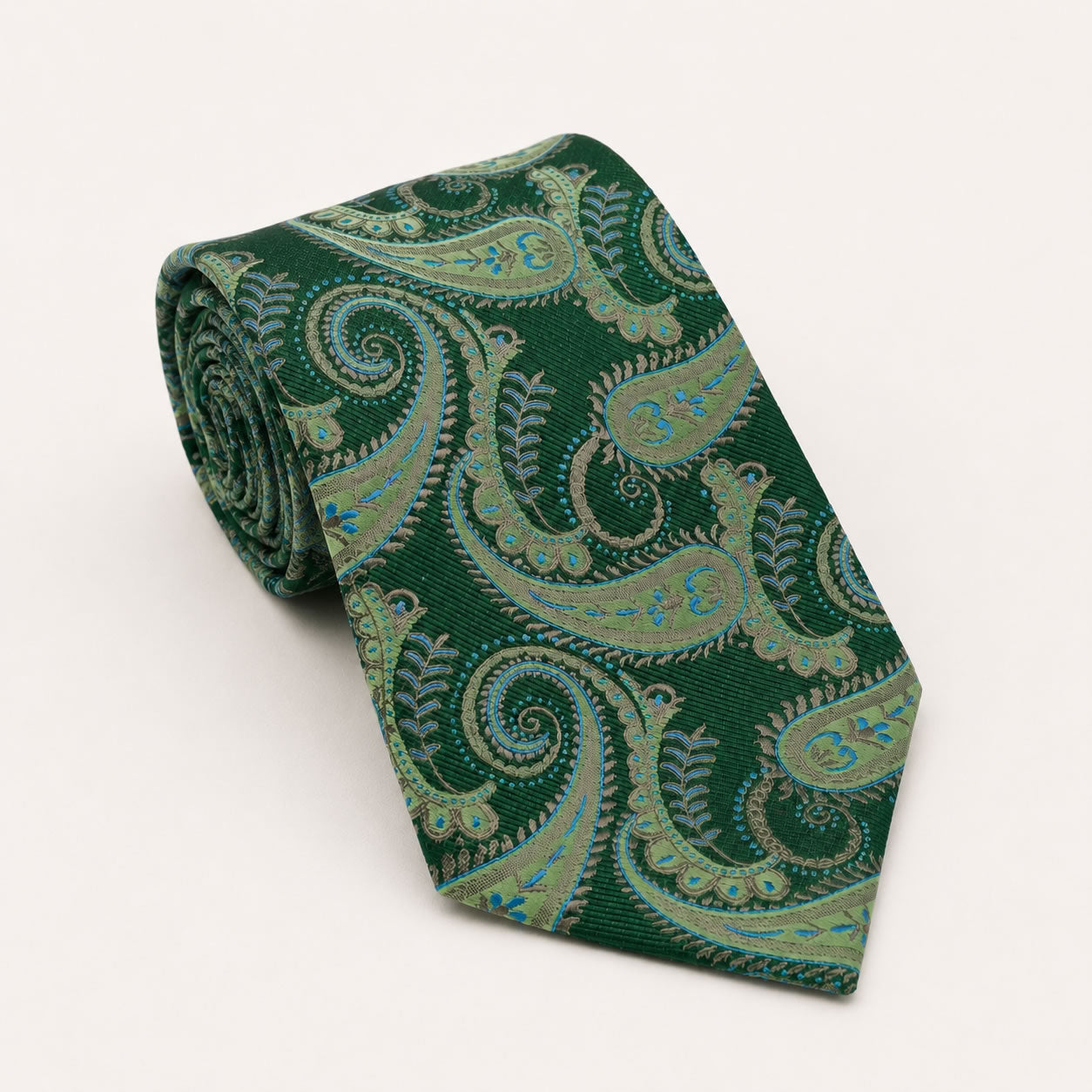 A rolled George Neale dark green paisley silk tie.