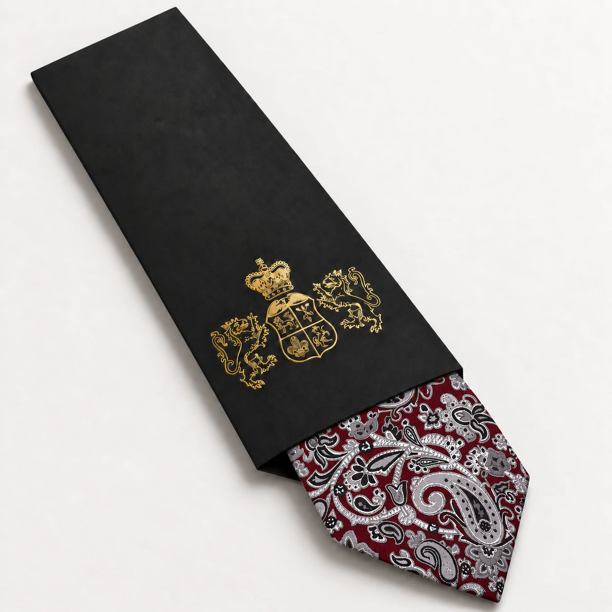 Maroon and Silver Paisley Silk Tie in George Neale premium packaging