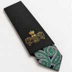 Navy and Green Paisley Silk Tie in George Neale premium packaging