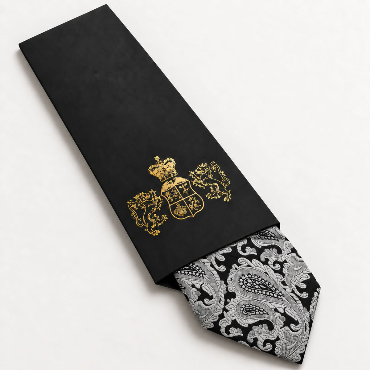 Black and Silver Paisley Silk Tie in George Neale premium packaging