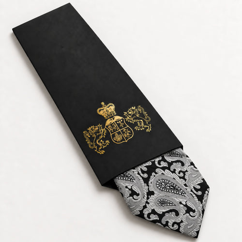 Black and Silver Paisley Silk Tie in George Neale premium packaging