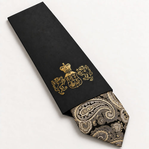 Black and Champagne Paisley Silk Tie in George Neale premium packaging