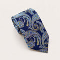 A rolled George Neale navy and light blue paisley silk tie.