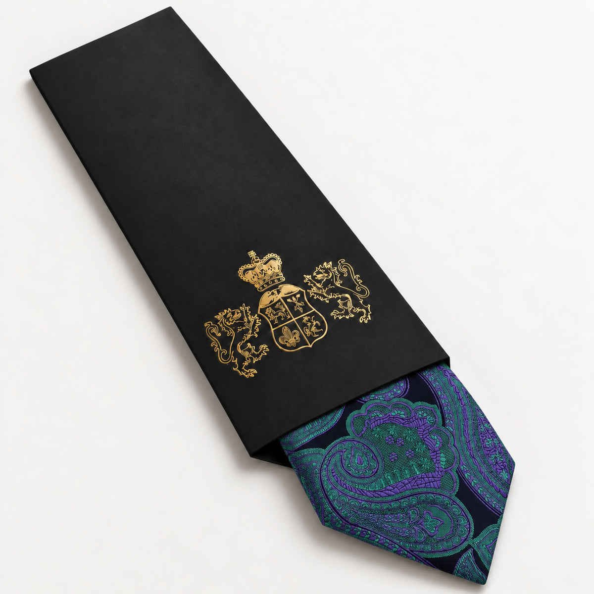 Dark Blue and Green Paisley Silk Tie in George Neale premium packaging