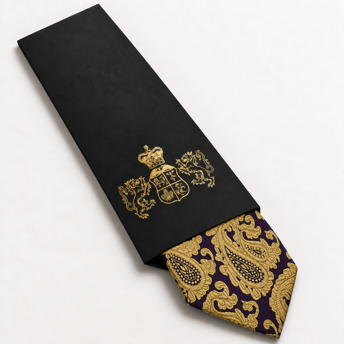 Purple and Gold Paisley Silk Tie in George Neale premium packaging