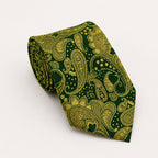 A rolled George Neale dark green and gold paisley silk tie.