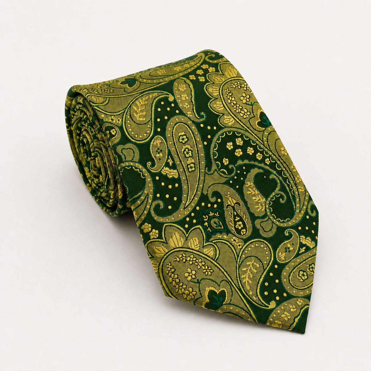 A rolled George Neale dark green and gold paisley silk tie.