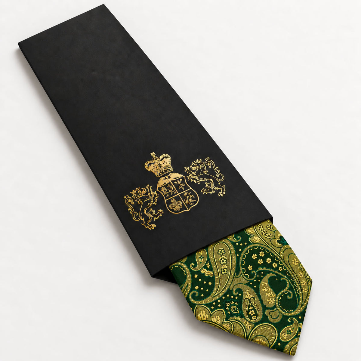 Dark Green and Gold Paisley Silk Tie in George Neale premium packaging