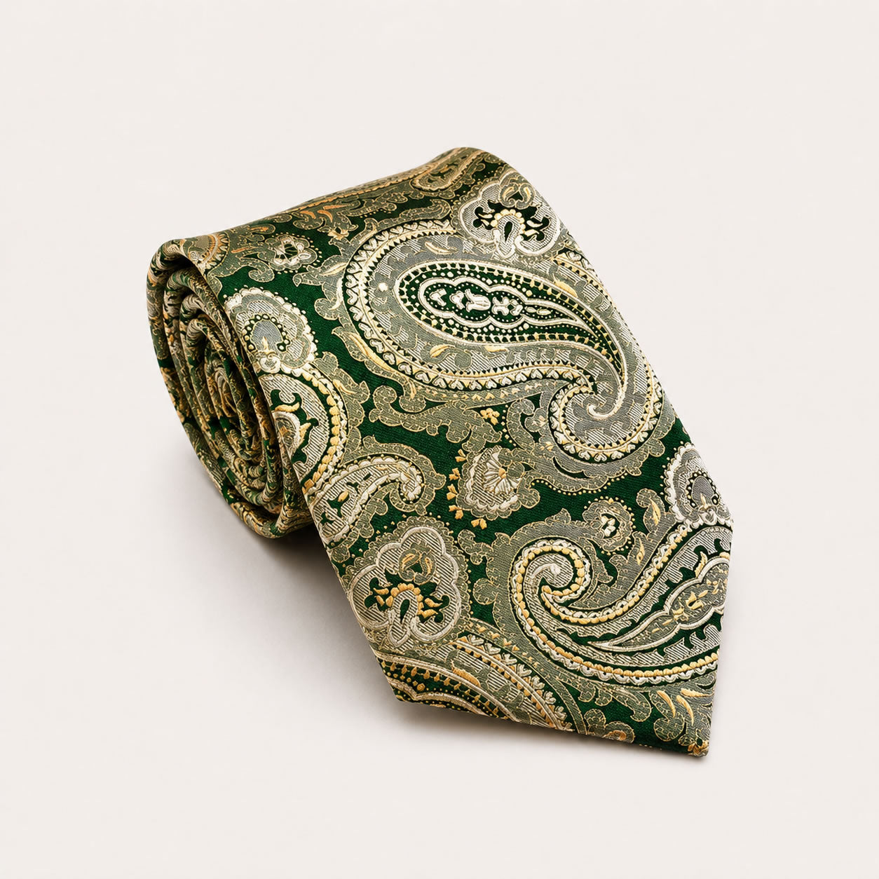 A rolled George Neale emerald and champagne paisley silk tie.