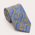 A rolled George Neale yellow and blue paisley silk tie.