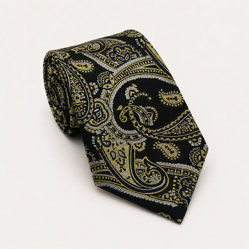 A rolled George Neale black and gold paisley silk tie.