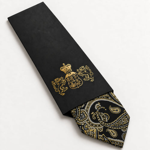 Black and Gold Paisley Silk Tie in George Neale premium packaging