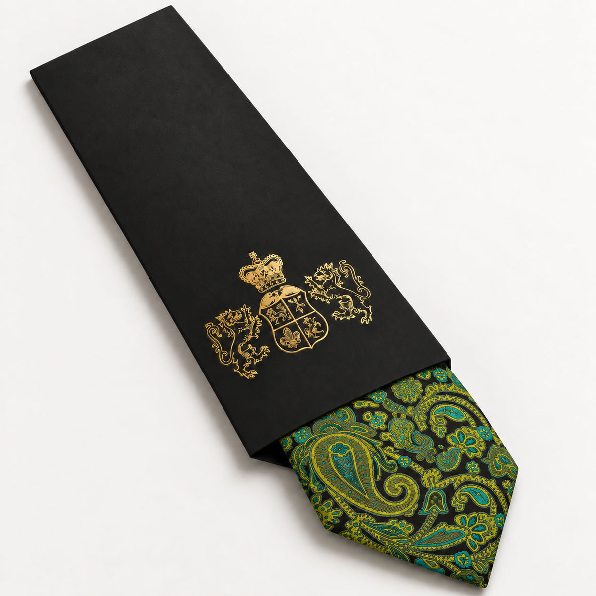 Green and Black Paisley Silk Tie in George Neale premium packaging