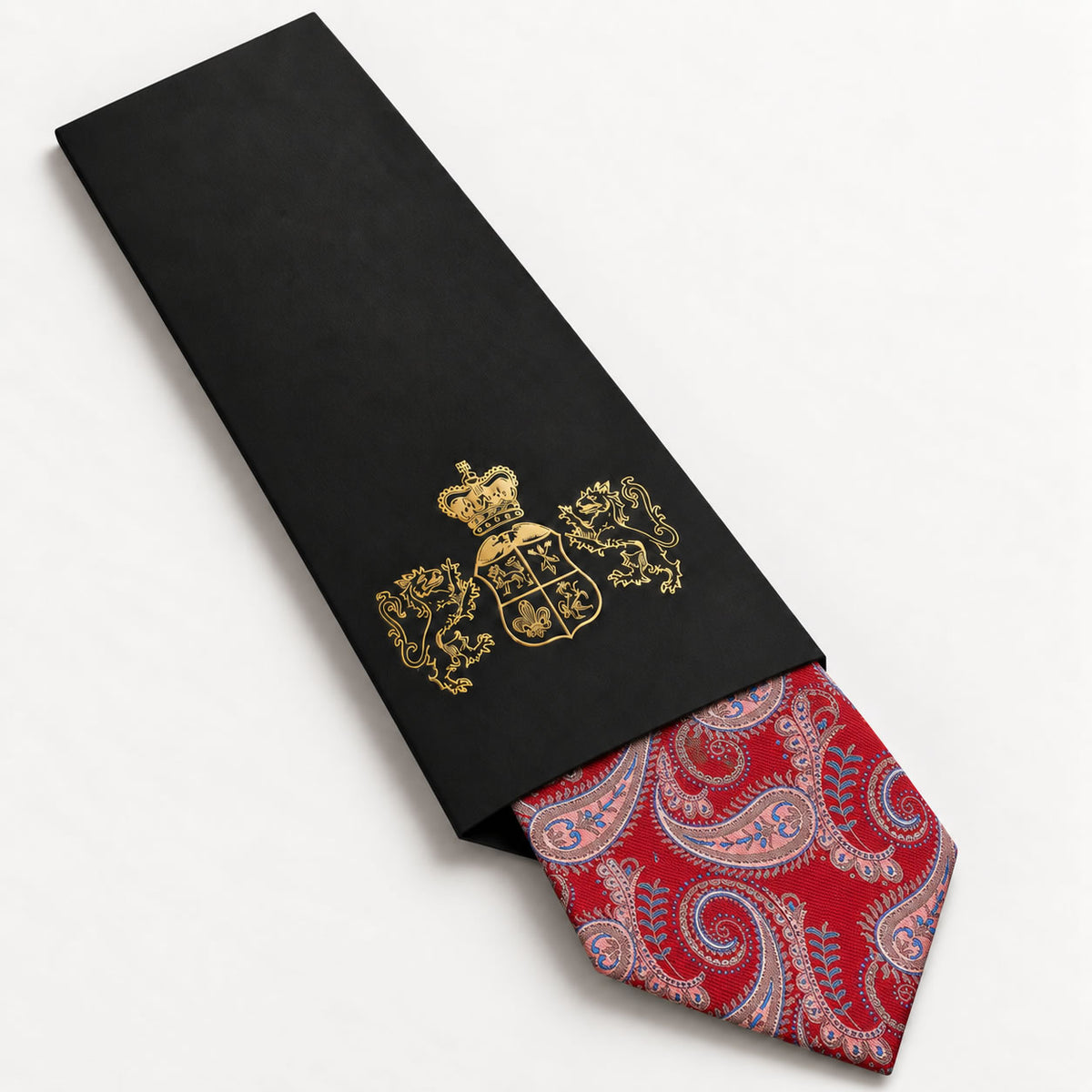 Red and Salmon Paisley Silk Tie in George Neale premium packaging