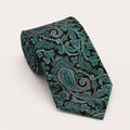 A rolled George Neale black and deep teal paisley silk tie.