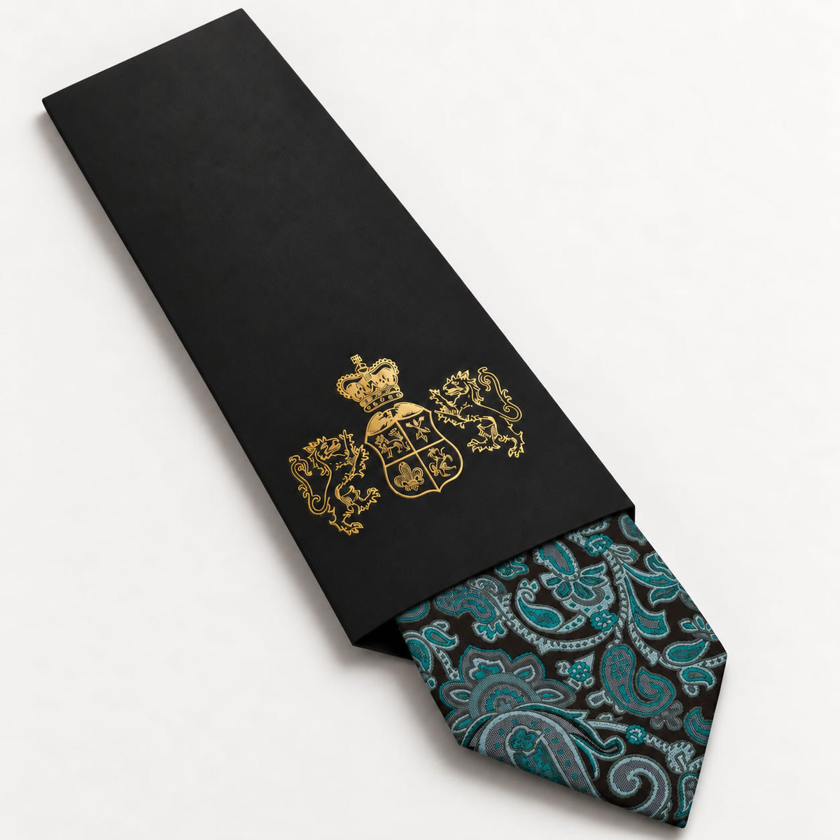 Black and Deep Teal Paisley Silk Tie in George Neale premium packaging