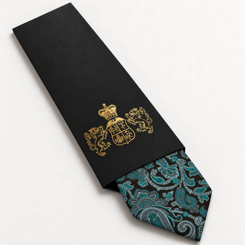 Black and Deep Teal Paisley Silk Tie in George Neale premium packaging