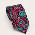 A rolled George Neale crimson and teal paisley silk tie.