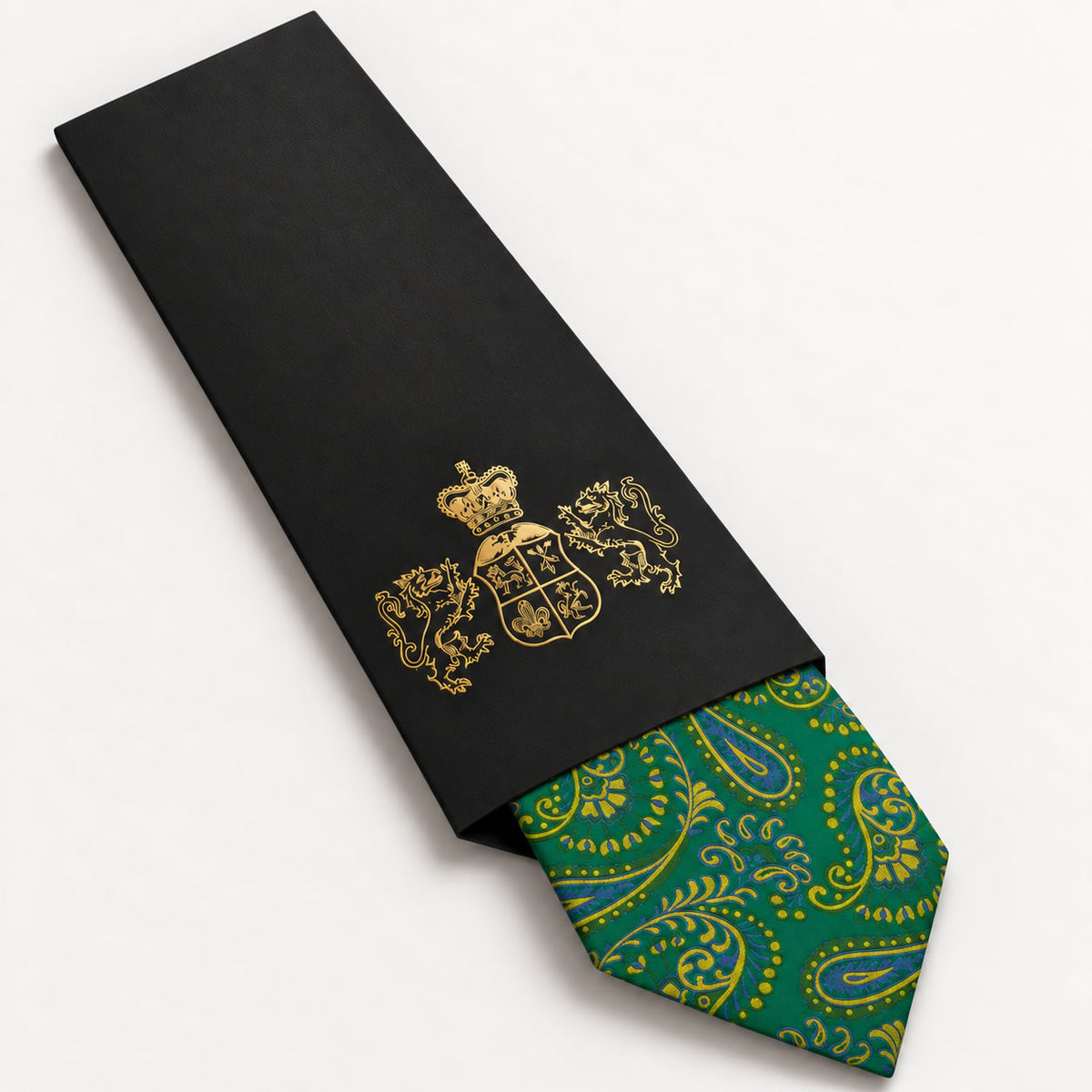 Green and Yellow Paisley Silk Tie in George Neale premium packaging