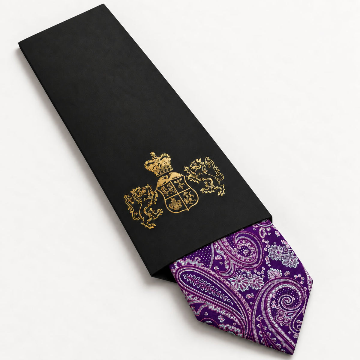 Purple Paisley Silk Tie in George Neale premium packaging