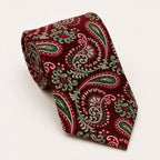A rolled George Neale red and green paisley silk tie.