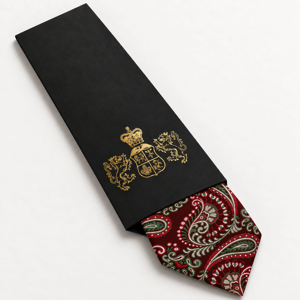 Red and Green Paisley Silk Tie in George Neale premium packaging