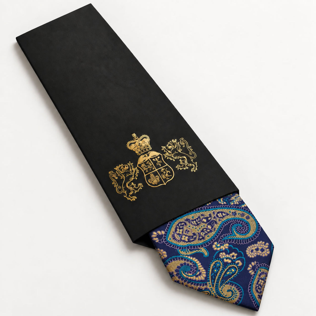 Navy and Gold Paisley Silk Tie in George Neale premium packaging