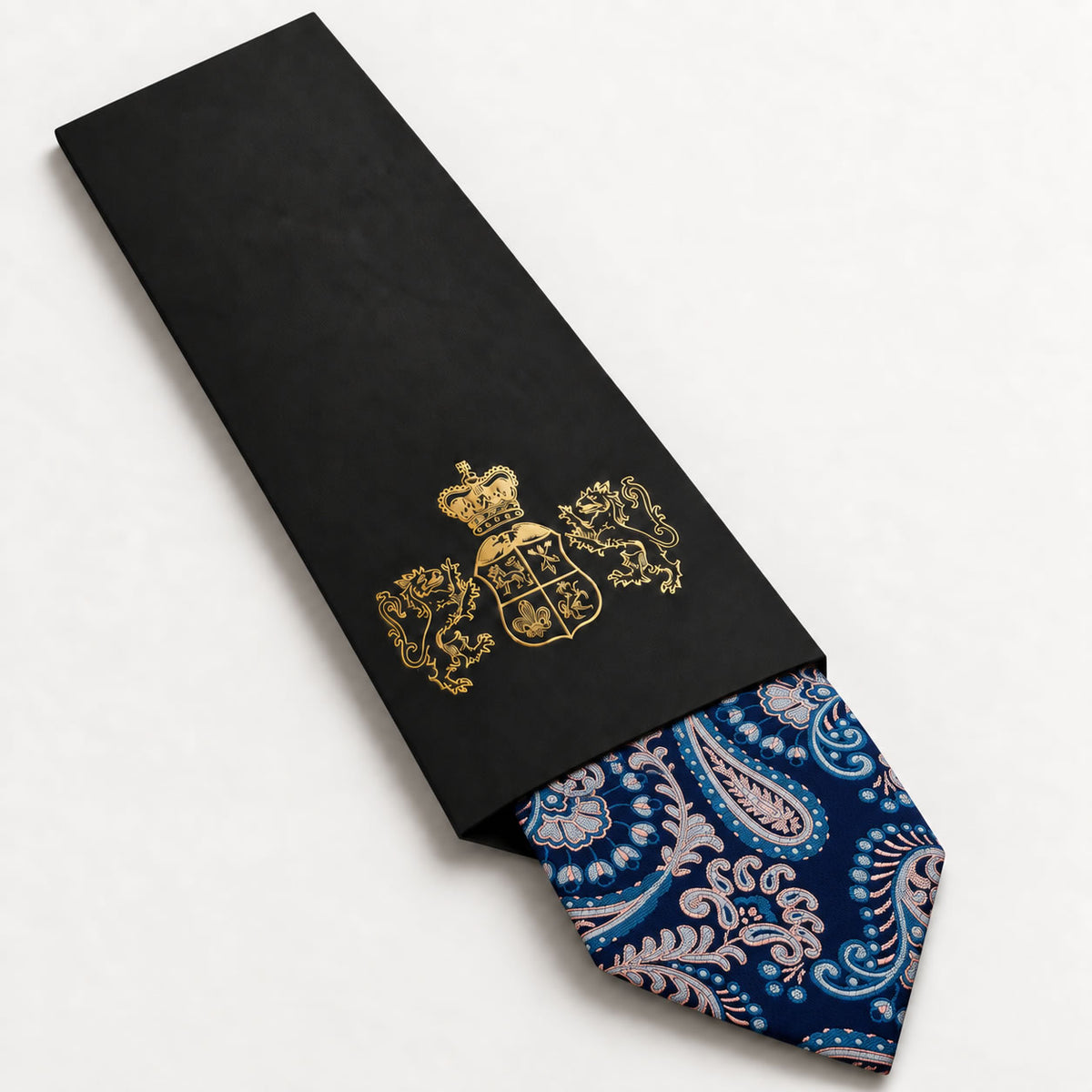 Navy and Champagne Paisley Silk Tie in George Neale premium packaging