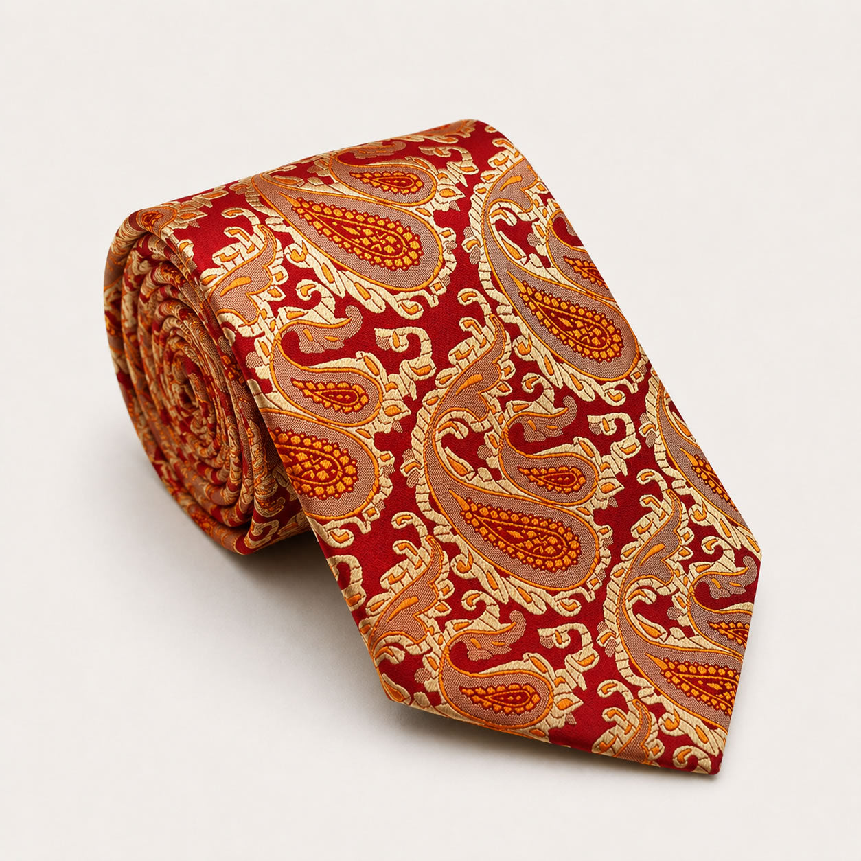 A rolled George Neale red and gold paisley silk tie.