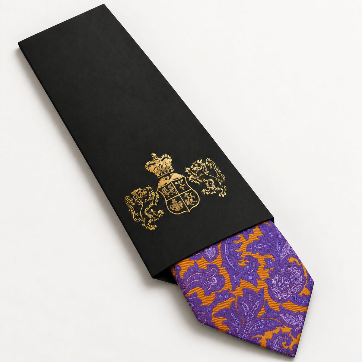 Purple and Gold Paisley Silk Tie in George Neale premium packaging