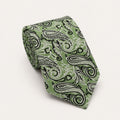 A rolled George Neale sage green and black paisley silk tie.