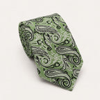 A rolled George Neale sage green and black paisley silk tie.
