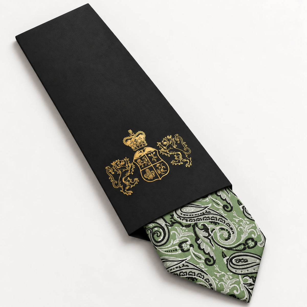 Sage Green and Black Paisley Silk Tie in George Neale premium packaging