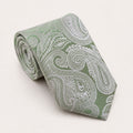 A rolled George Neale sage green and silver paisley silk tie.