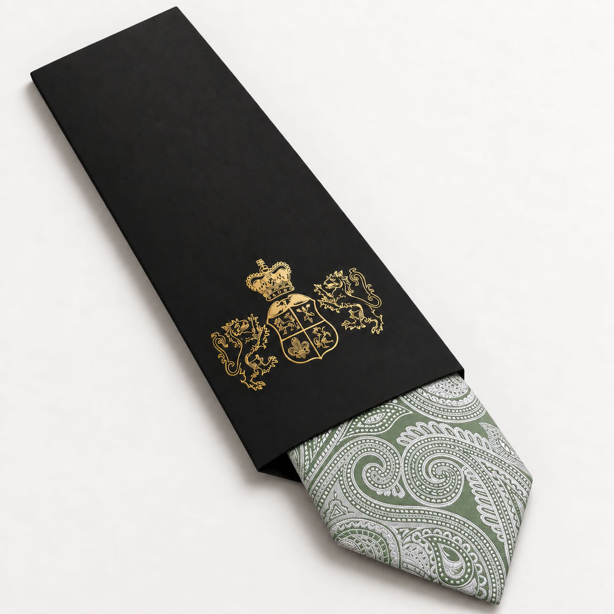 Sage Green and Silver Paisley Silk Tie in George Neale premium packaging