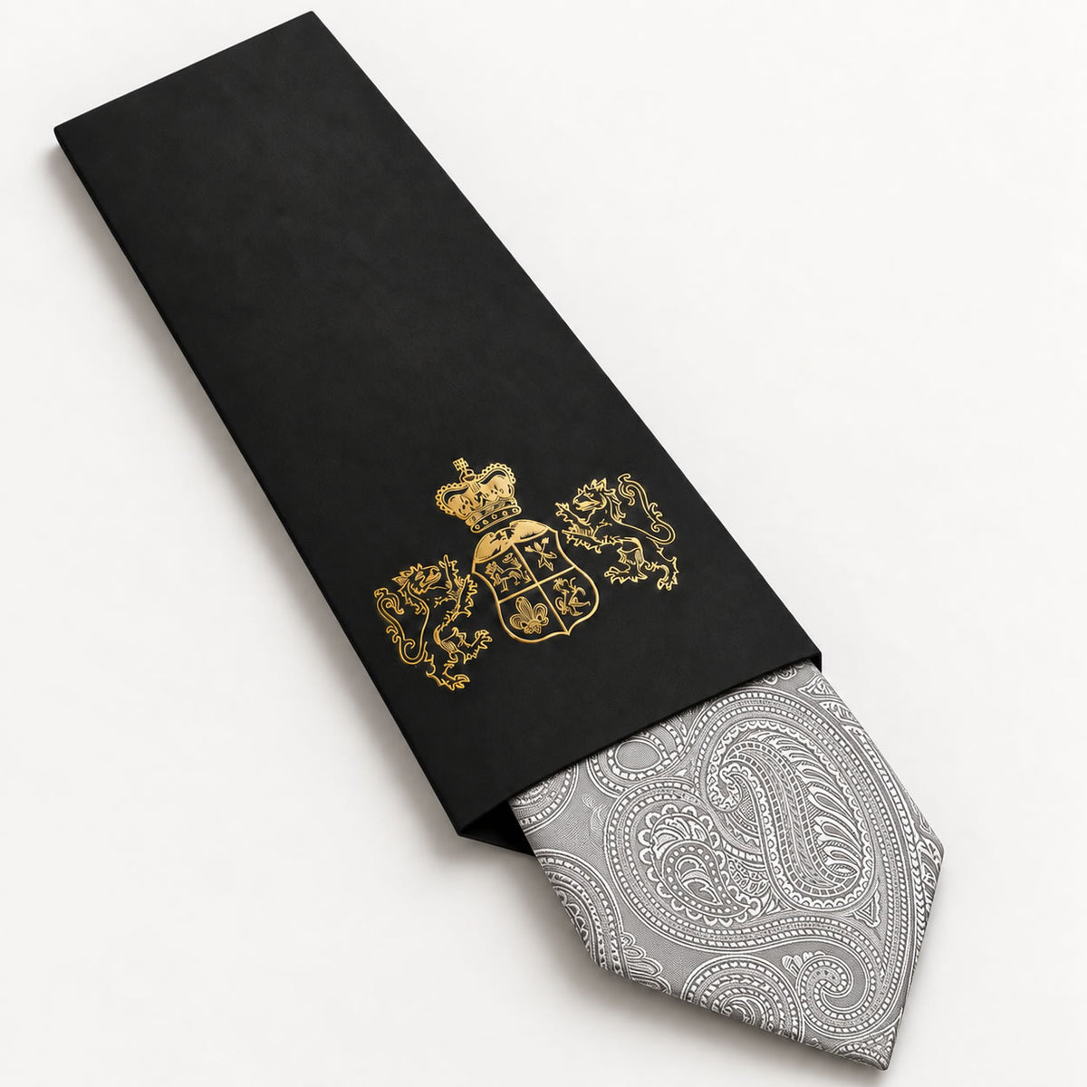Silver Paisley Silk Tie in George Neale premium packaging