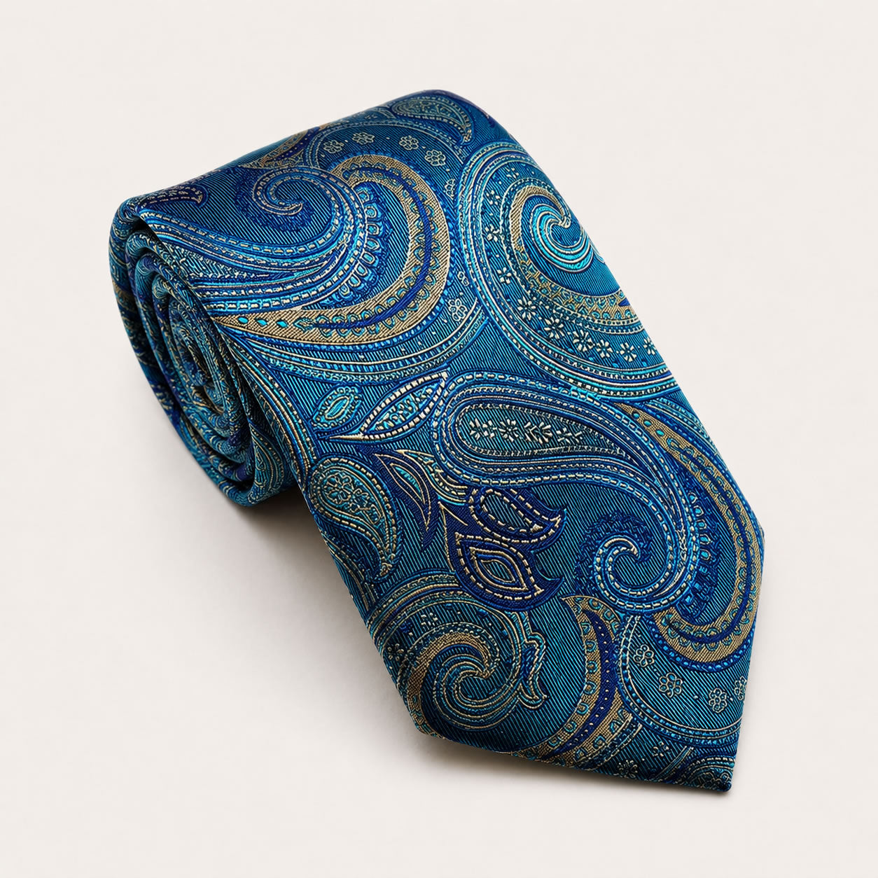 A rolled George Neale teal paisley silk tie.