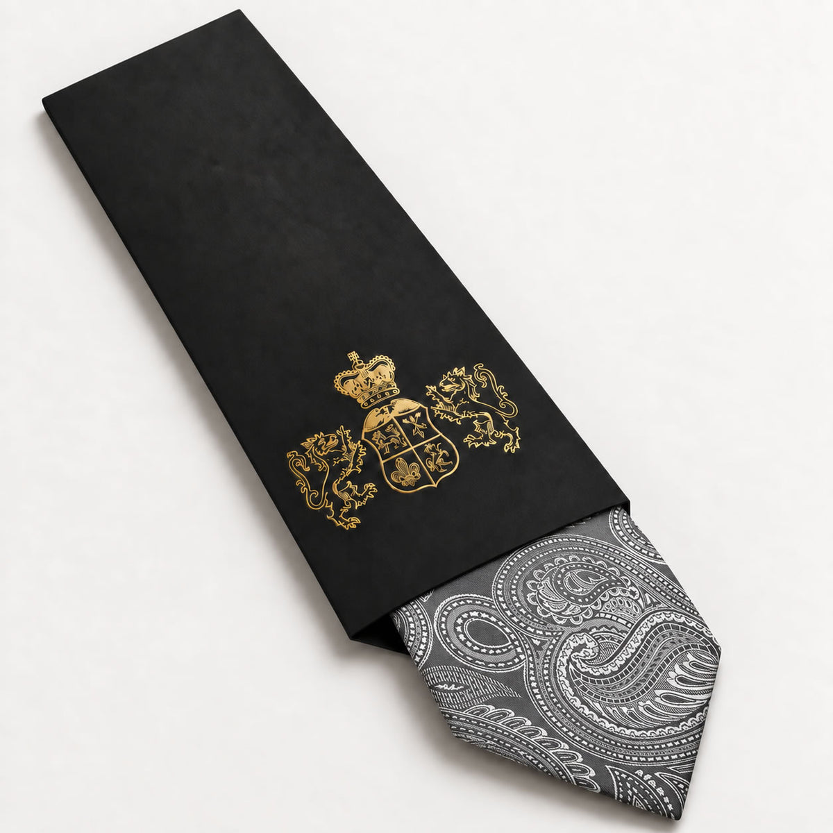 Gunmetal Silver Paisley Silk Tie in George Neale premium packaging