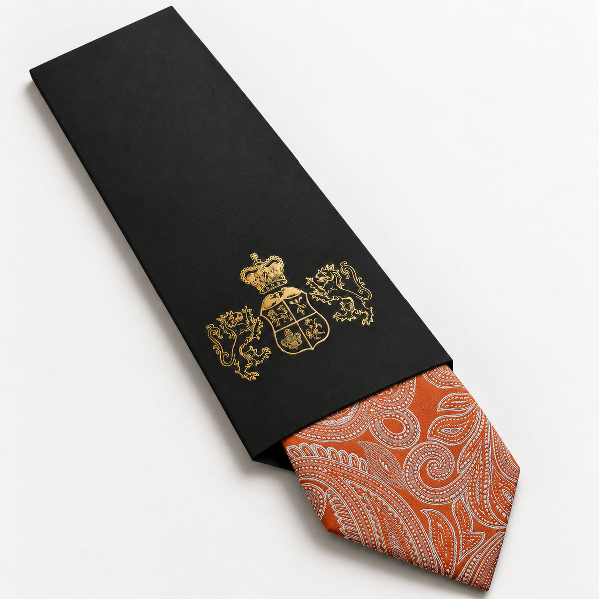 Orange and Silver Paisley Silk Tie in George Neale premium packaging