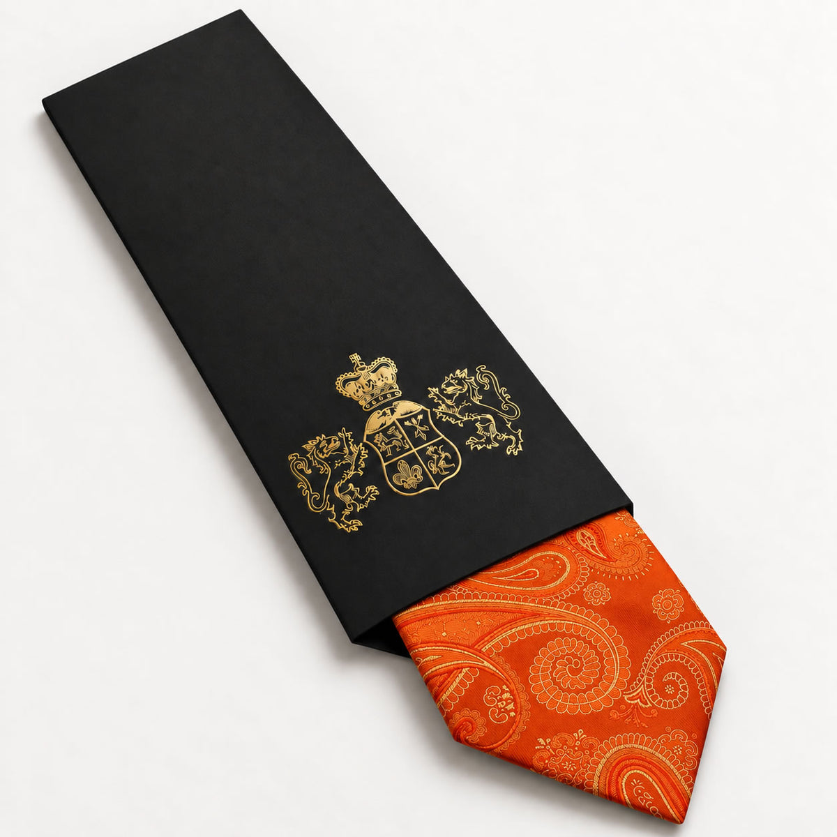 Orange Paisley Silk Tie in George Neale premium packaging