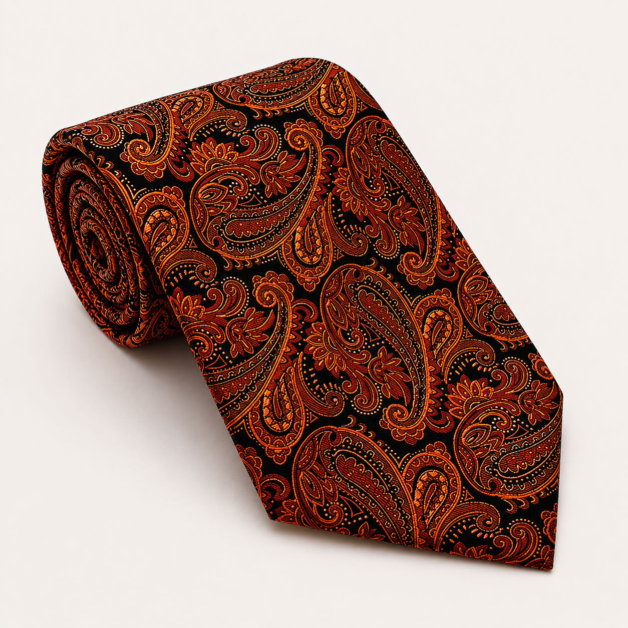 A rolled George Neale bronze and black paisley silk tie.