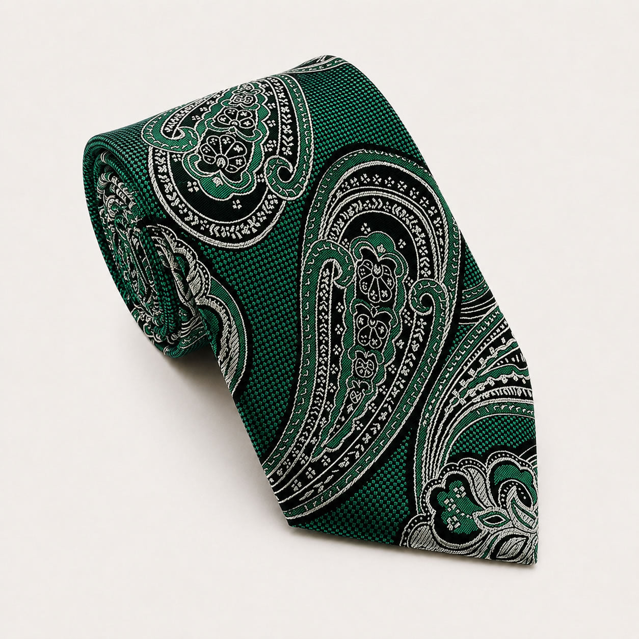 A rolled George Neale green paisley silk tie.
