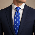 Blue Polka Dot Silk Tie by George Neale, worn by a model with a suit and shirt