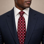Burgundy and Light Blue Polka Dot Silk Tie by George Neale, worn by a model with a suit and shirt
