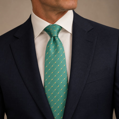 Aquamarine and Gold Polka Dot Silk Tie by George Neale, worn by a model with a suit and shirt