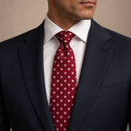 Red and White Polka Dot Silk Tie by George Neale, worn by a model with a suit and shirt