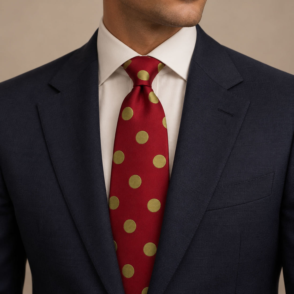 Red and Gold Polka Dot Silk Tie by George Neale, worn by a model with a suit and shirt